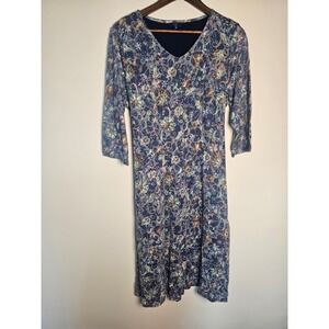 Boho Cotton Traders Floral Paisley Midi Dress Womens 16 Blue 3/4 Sleeve V-Neck